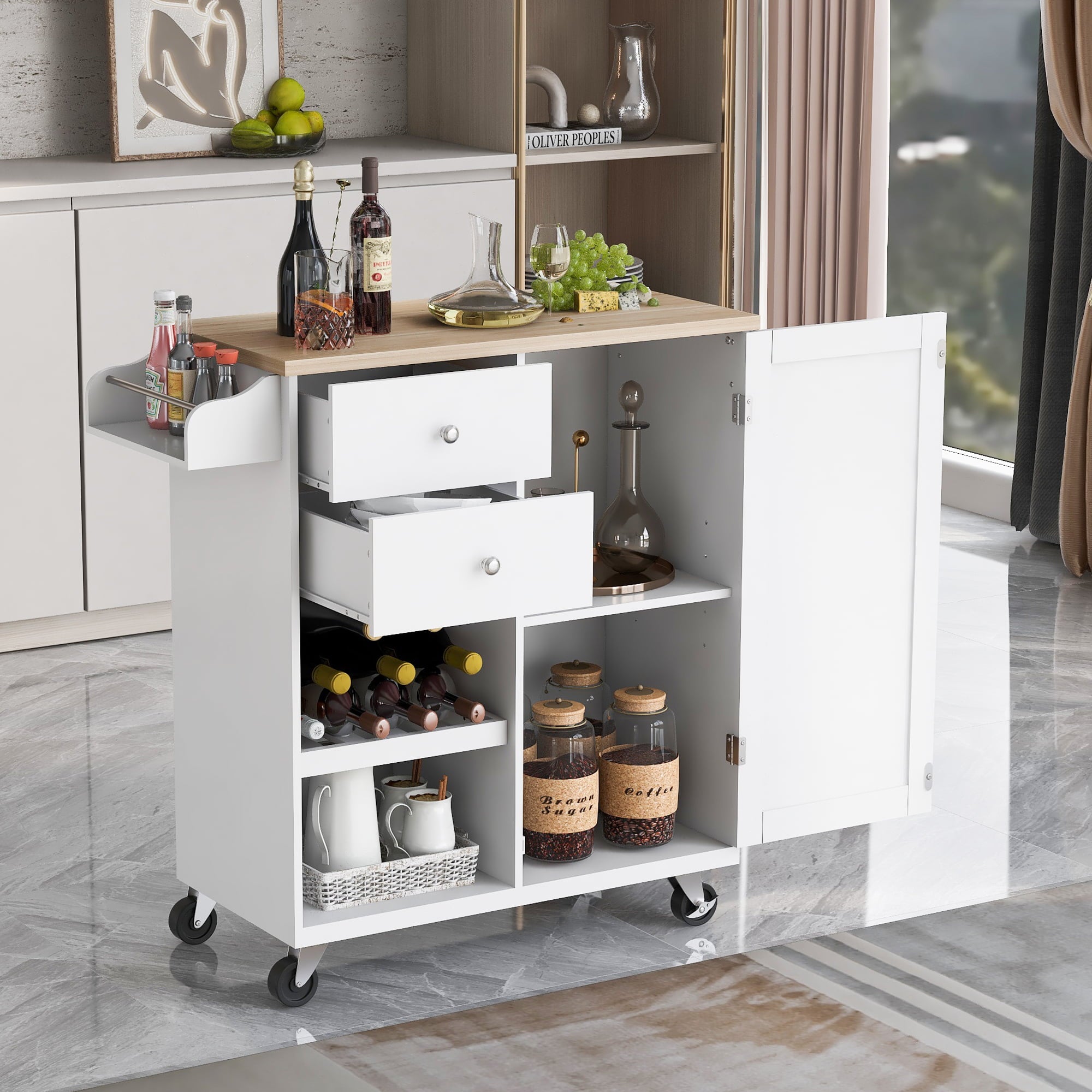 Hombay Modern Mobile Kitchen Island with Storage, Wood Kitchen Cart Organizer with Drawers Door Shelves and Spice Rack, 4 Wheels Rolling Lockable