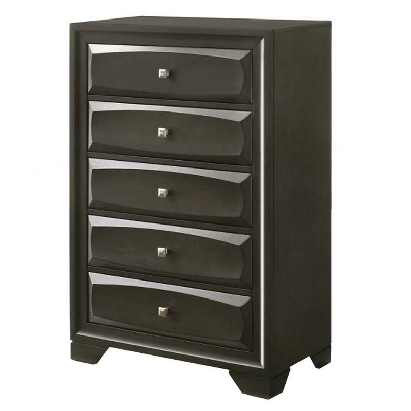 Five Drawer Chest With Brushed Nickel Accent And Chamfered Legs， Antique Gray