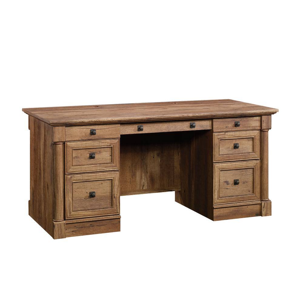 SAUDER 66 in. Rectangular Vintage Oak 6 Drawer Executive Desk with Keyboard Tray 420604