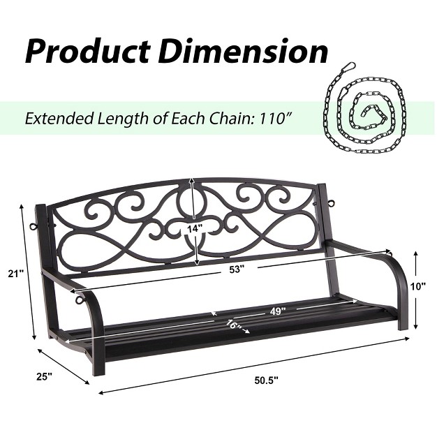 Costway Outdoor 2 person Metal Porch Swing Hanging Patio Bench 485 Lbs Capacity Black brown