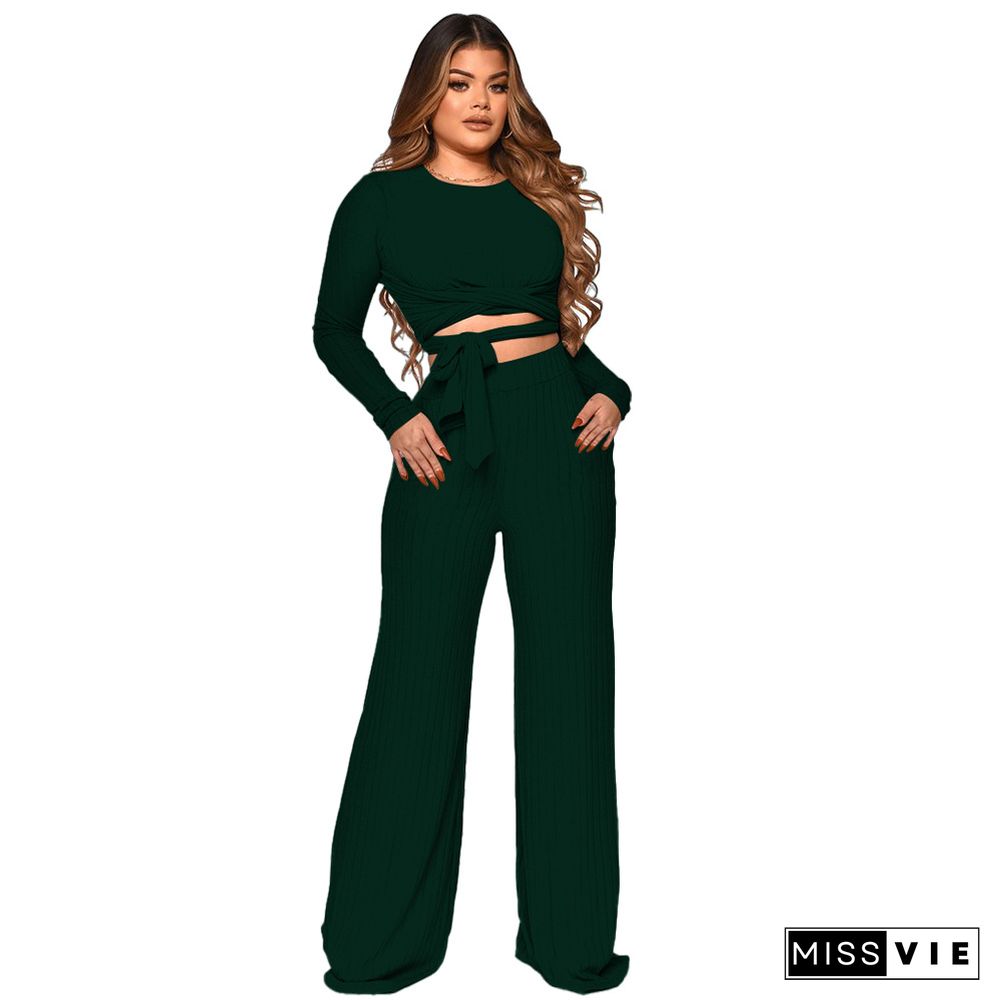 Ribbed Lace Up Crop Tops Wide Leg Pants Set