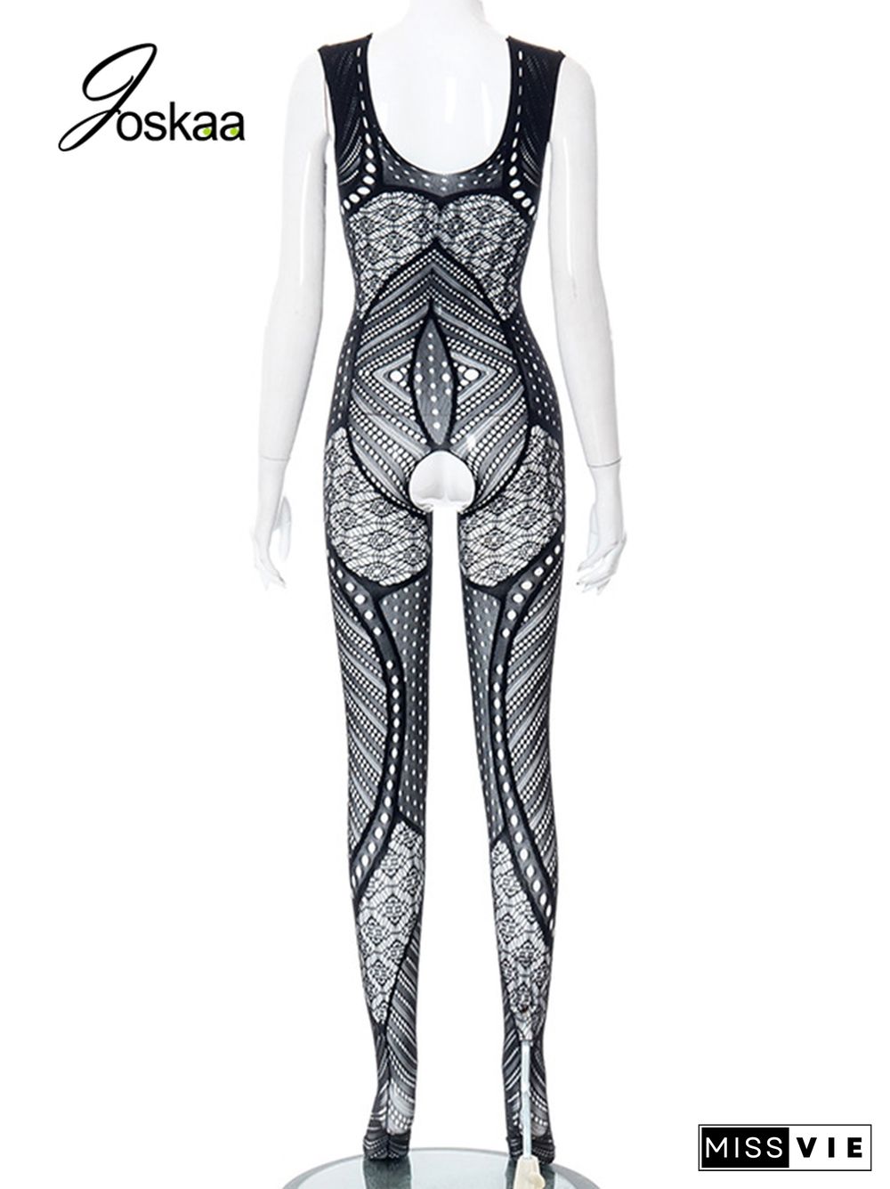 Joskaa Hollow Out Mesh See Through Black Jumpsuit Summer Women Fashion One Piece Outfits Sexy Party Club Bodycon Rompers