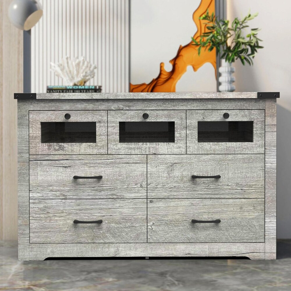 Modern Sideboard Storage Cabinet with LED Lighting and 7 Drawers