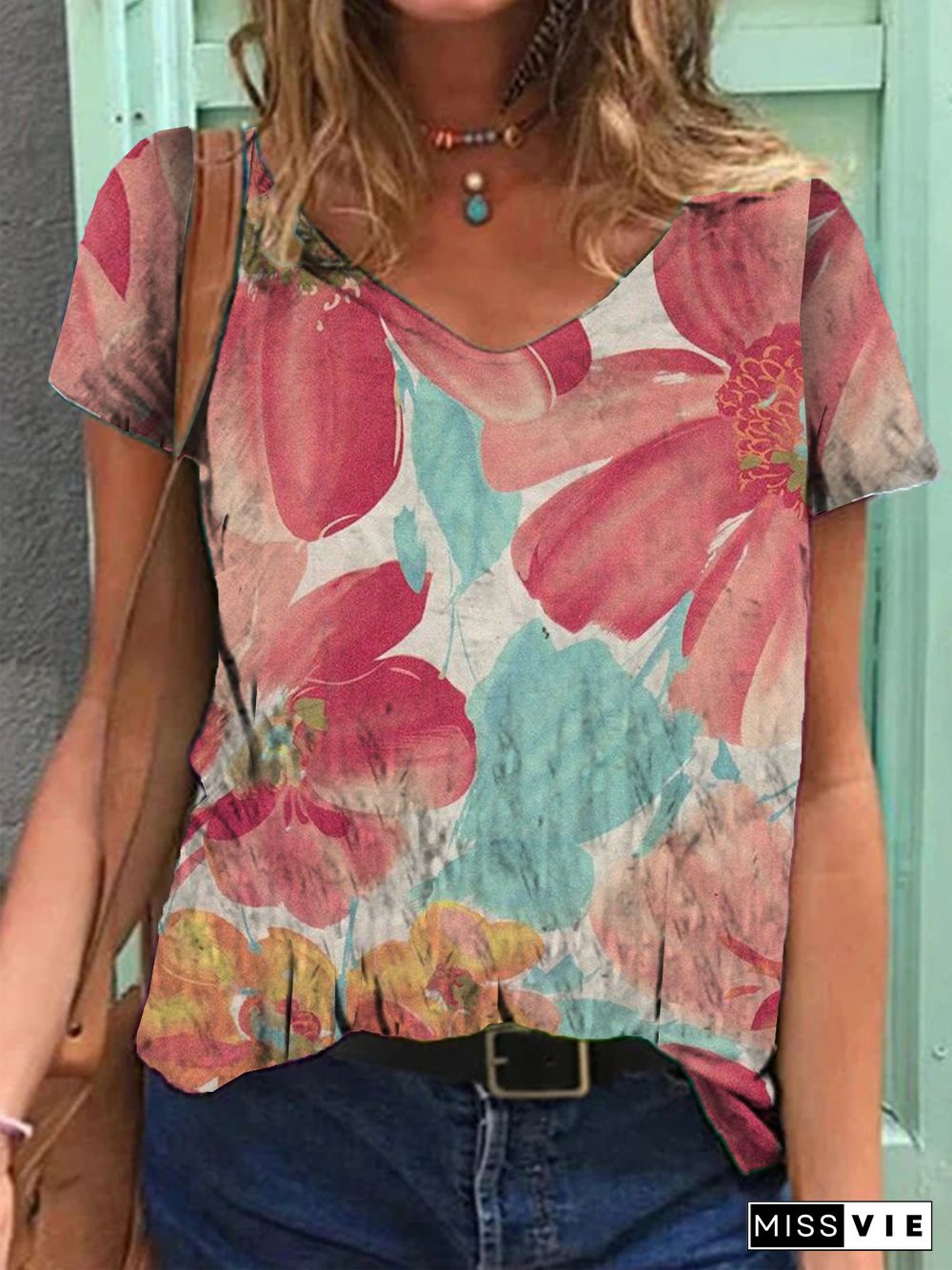 Romantic Floral Cotton-Blend Holiday V Neck T-shirt