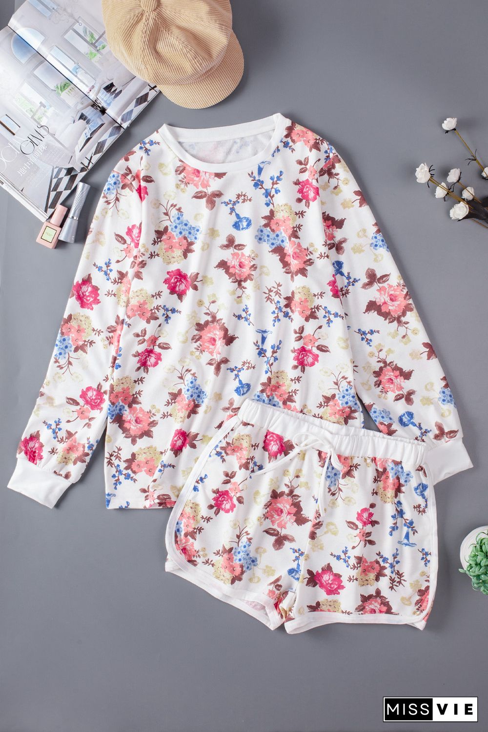 Floral Print Long Sleeve Top and Elastic Waist Shorts Set