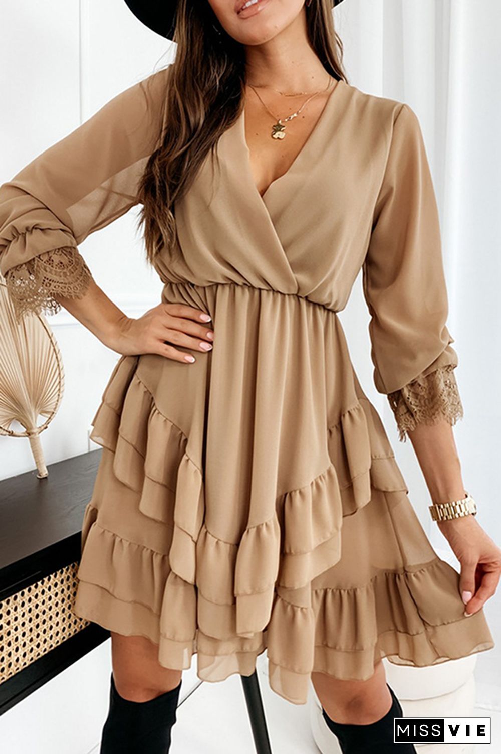 Fashion Elegant Solid Lace Flounce V Neck A Line Dresses