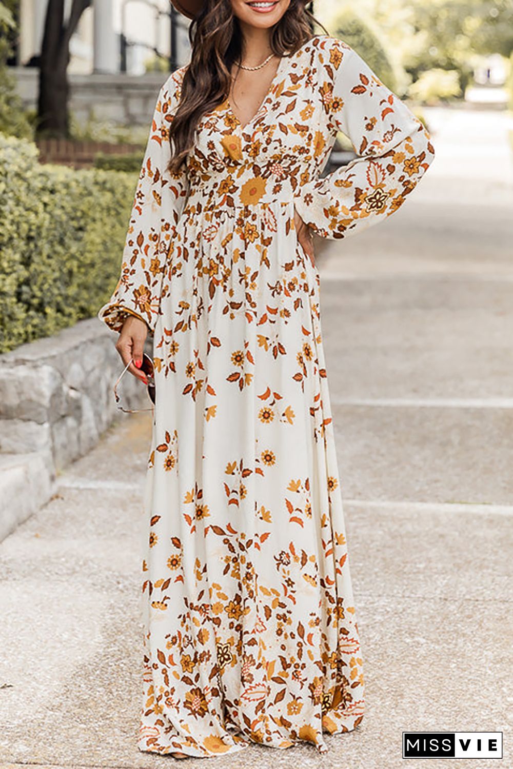 Yellow Leaf Print V Neck Puff Sleeve Maxi Dress