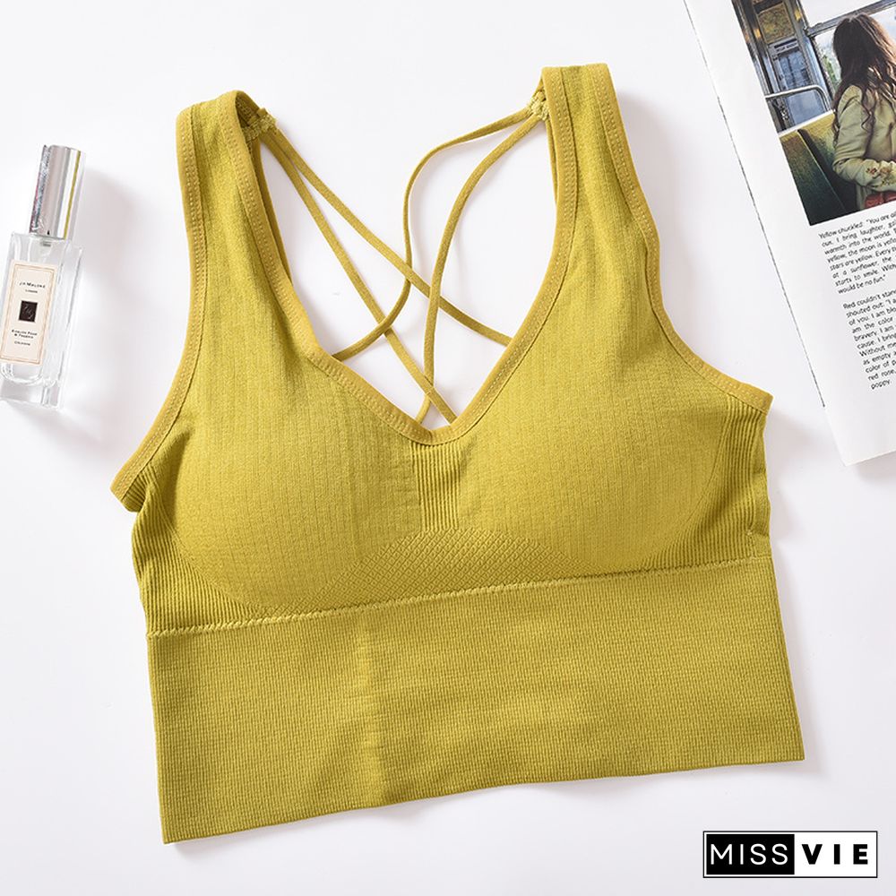 Pearl Diary Bra Tops Summer V Neck Rib Crop Tank Top With Detachable Bra Pads Sleevelss Solid Color Backless Sporty Bra Top