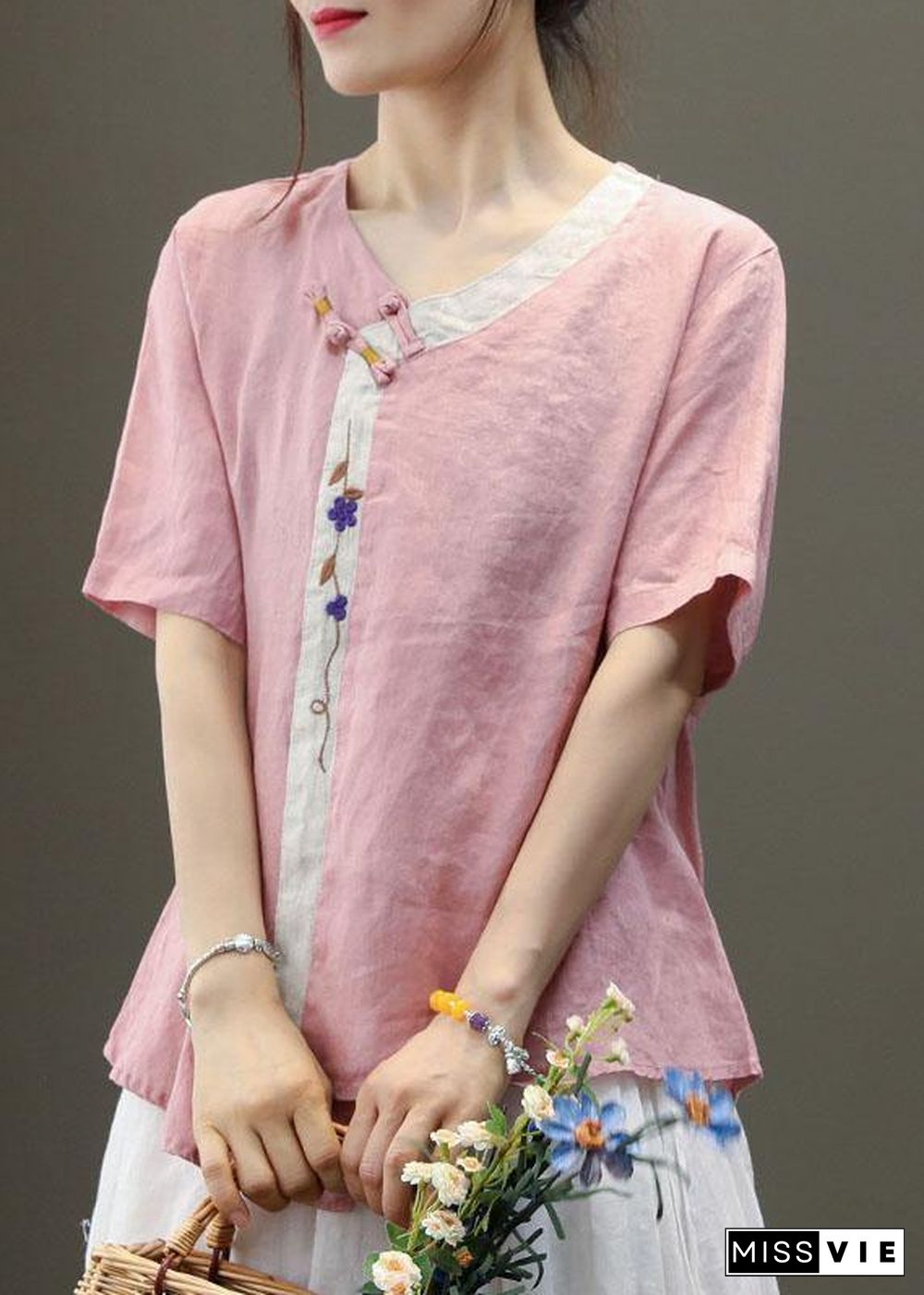 Casual Purple Embroideried Asymmetrical Design Patchwork Summer Linen Blouse Top Short Sleeve