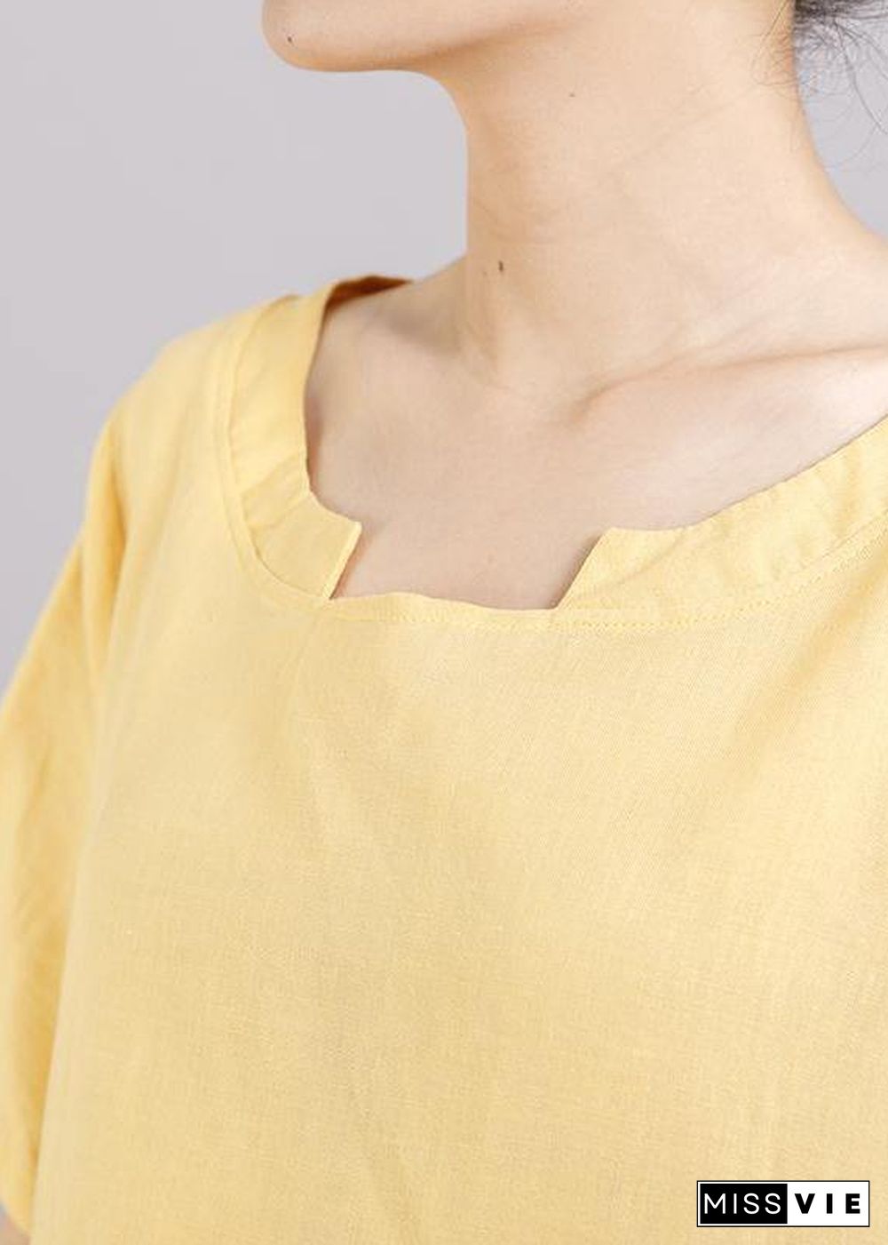 DIY linen tunic top Women Solid Pockets Short Sleeve Irregular Blouse