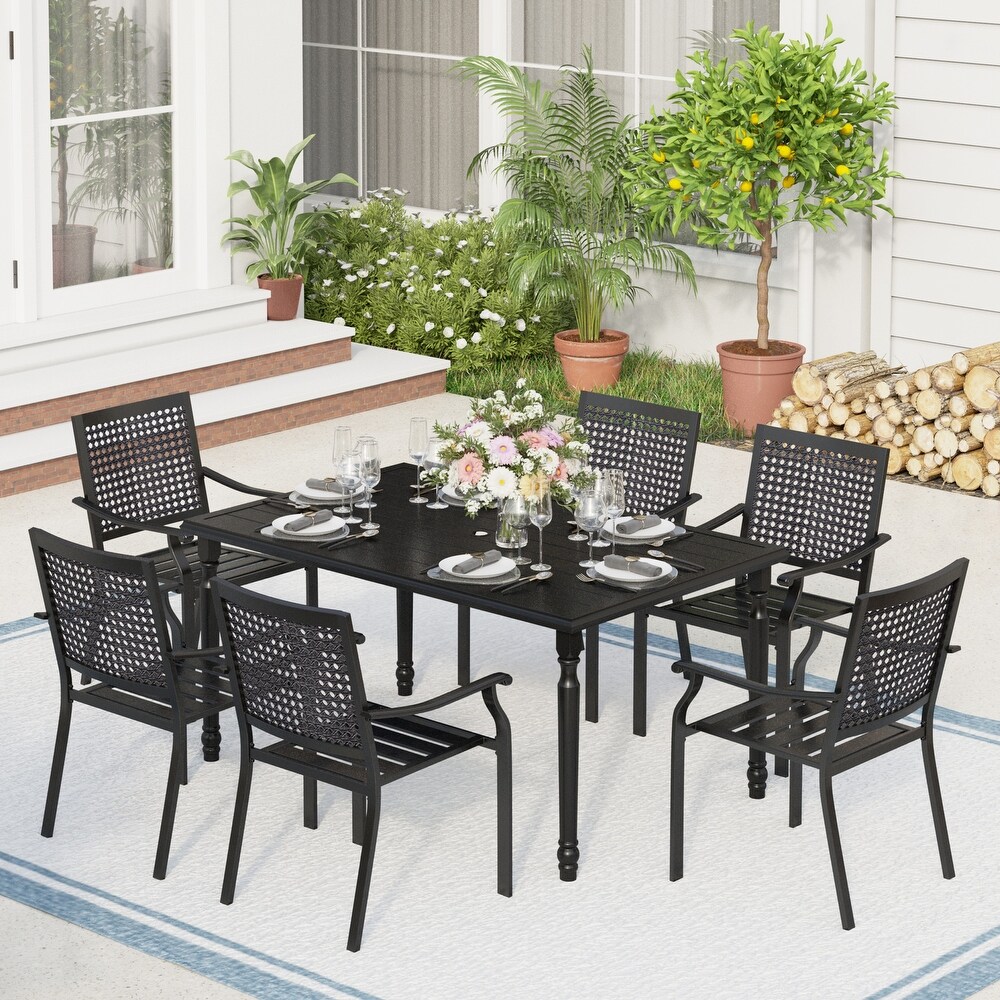 7 Piece Patio Dining Set Metal E coating of 6 Upgraded Back Pattern Chairs   1 Umbrella Hole Metal Table