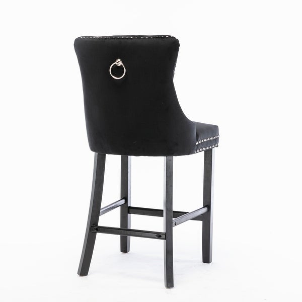 Contemporary Velvet Upholstered Bar stools Set of 2 with Chrome Nailhead Trim Decoration and Wooden Legs