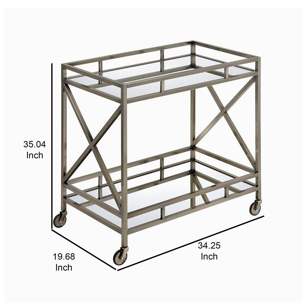 Metal Framed Two Tier Serving Cart with X Shaped Side Panels  Silver and Clear   35.04 H x 19.68 W x 34.25 L Inches