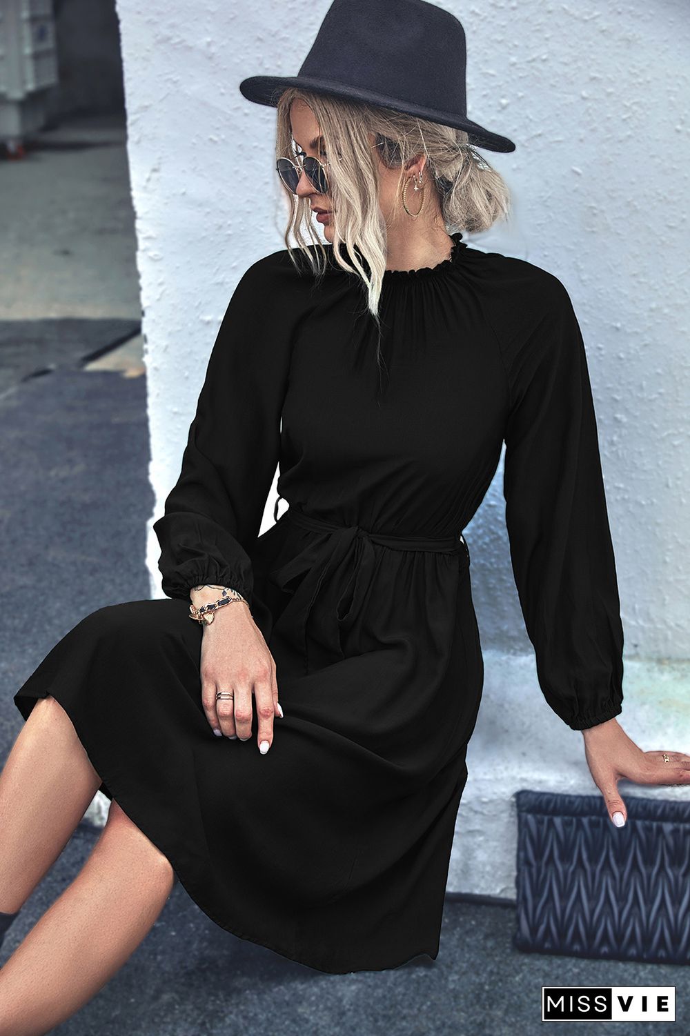 Plain Ruffle Neck Raglan Sleeves High Waist Midi Dress