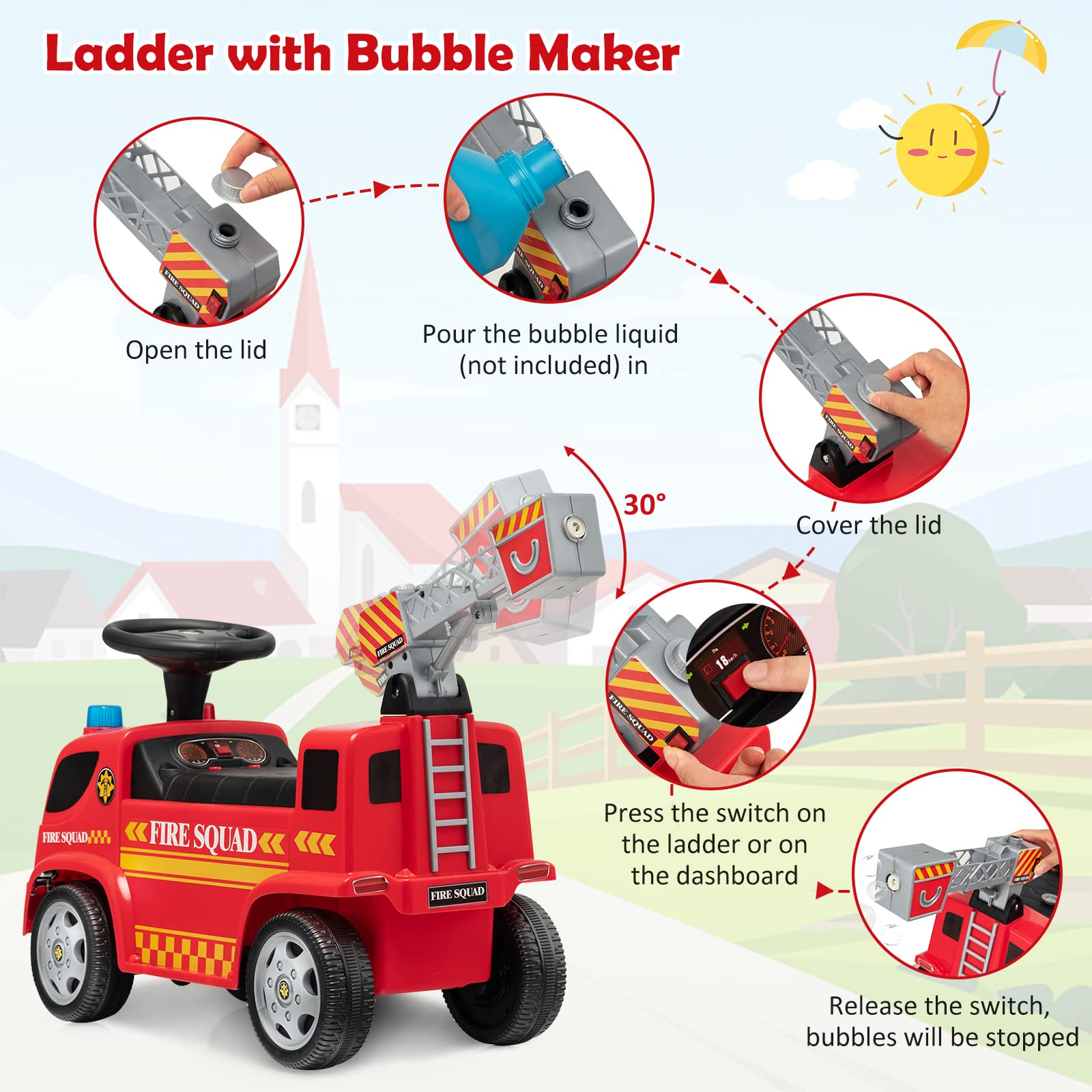 Costzon Kids Ride On Fire Truck, Ride On Push Car with Ladder Bubble Maker