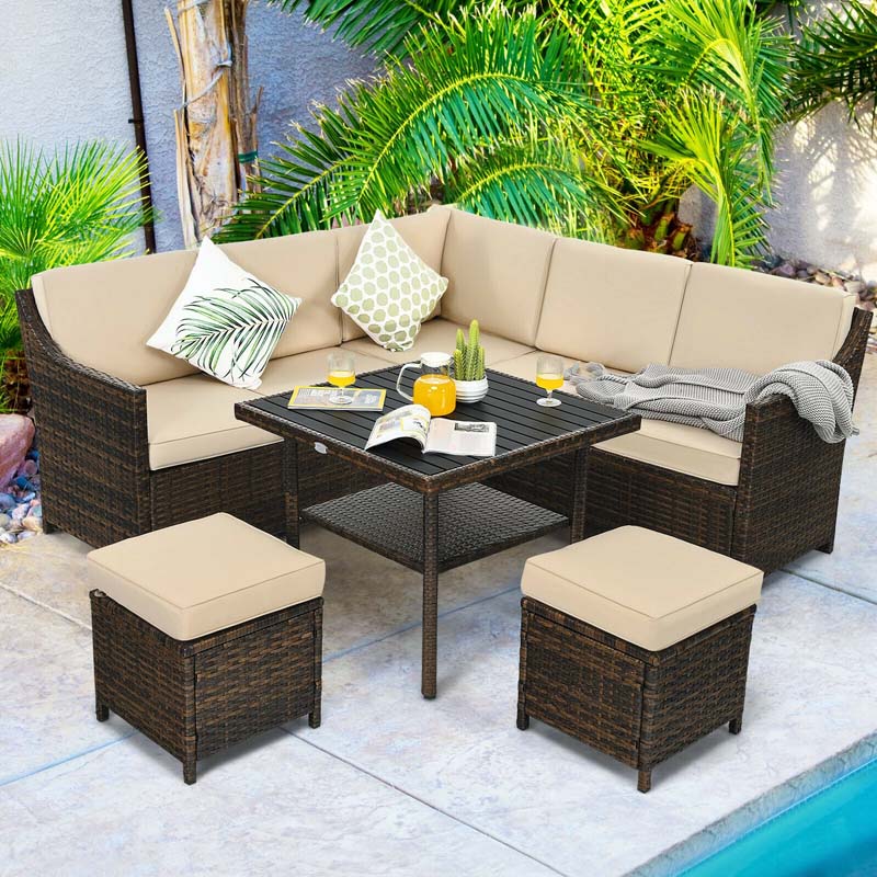 6 Pcs Rattan Patio Dining Furniture Sectional Corner Sofa Set with Dining Table & 2 Ottomans