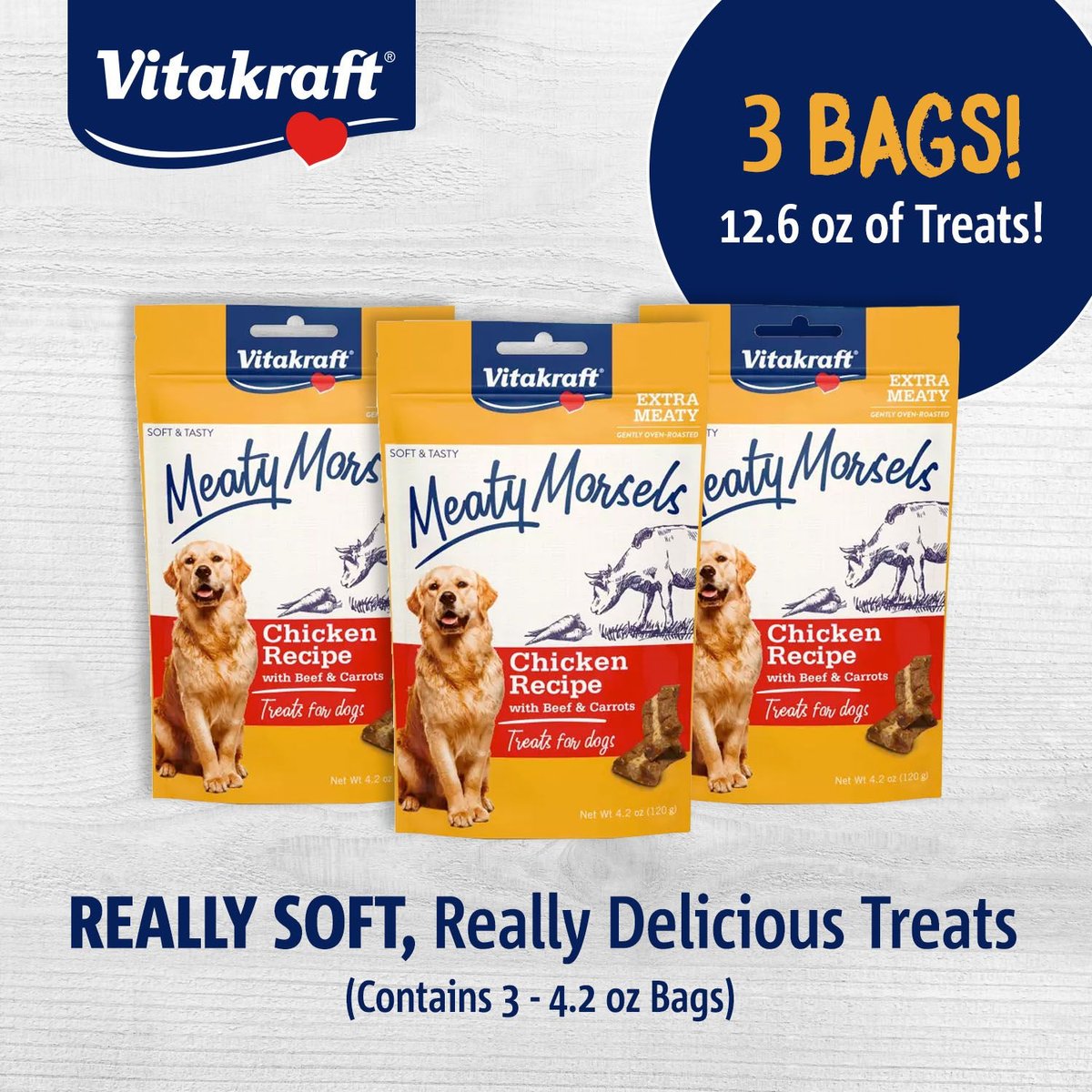 Vitakraft Meaty Morsels Chicken Recipe with Beef Soft and Chewy Dog Treats， 4.2-oz bag， 3 count