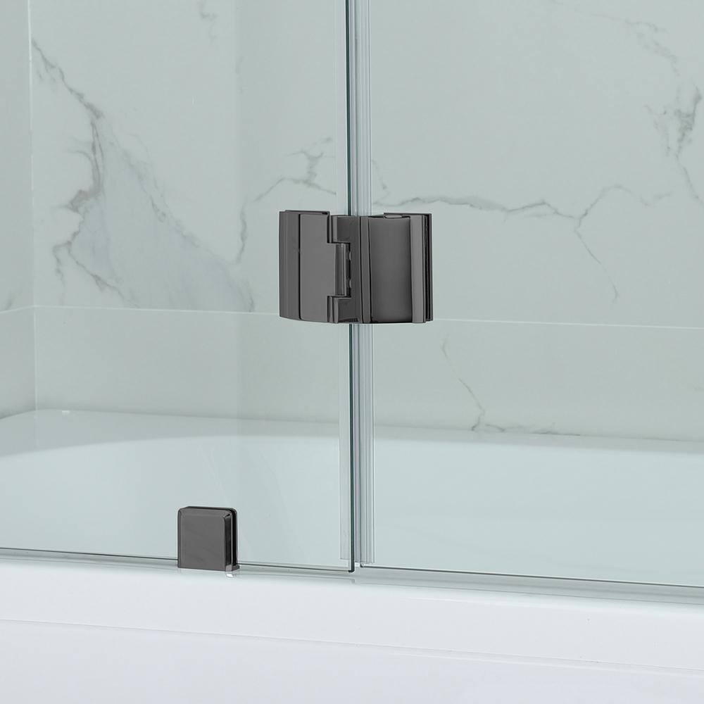 WOODBRIDGE Everette 48 in. W x 58 in. H Semi-Frameless Hinged Tub glass door inMatte Black Finish Include Support Bar HSD3610