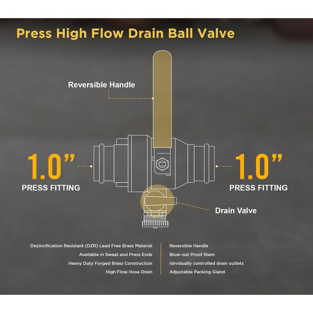 The Plumber's Choice 1 in. Press High Flow Drain Ball Valve 3 Way Adjustable Flow Path Brass S928223