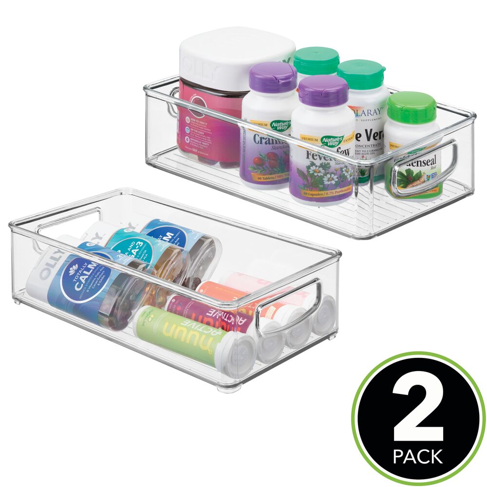 mDesign Small Plastic Bathroom Storage Container Bins with Handles for Organization in Closet, Cabinet, Vanity or Cupboard Shelf, Accessory Organizer for Hair Tools, Vitamins, or Lotion, 2 Pack, Clear