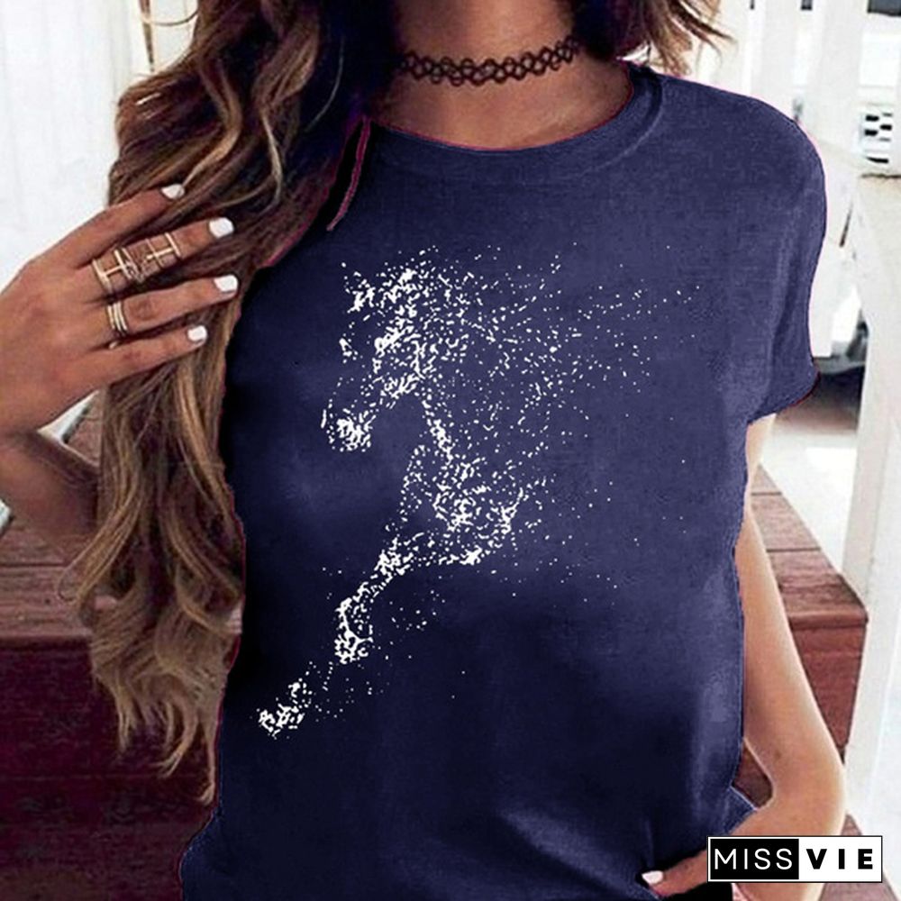 Cute Horse Print T Shirts for Women Summer Short Sleeved Tees Top Women's Round Neck Graphic Tshirts Casual Wear; Loose Fit Tees Woman Blouse Vestidos Mujer