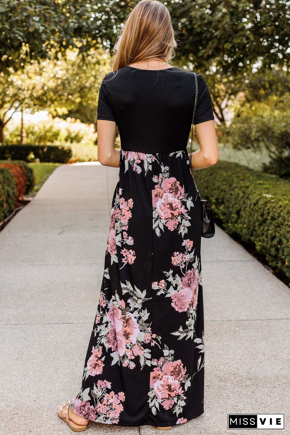 Black Contrast Floral Empire Waist Maxi Dress