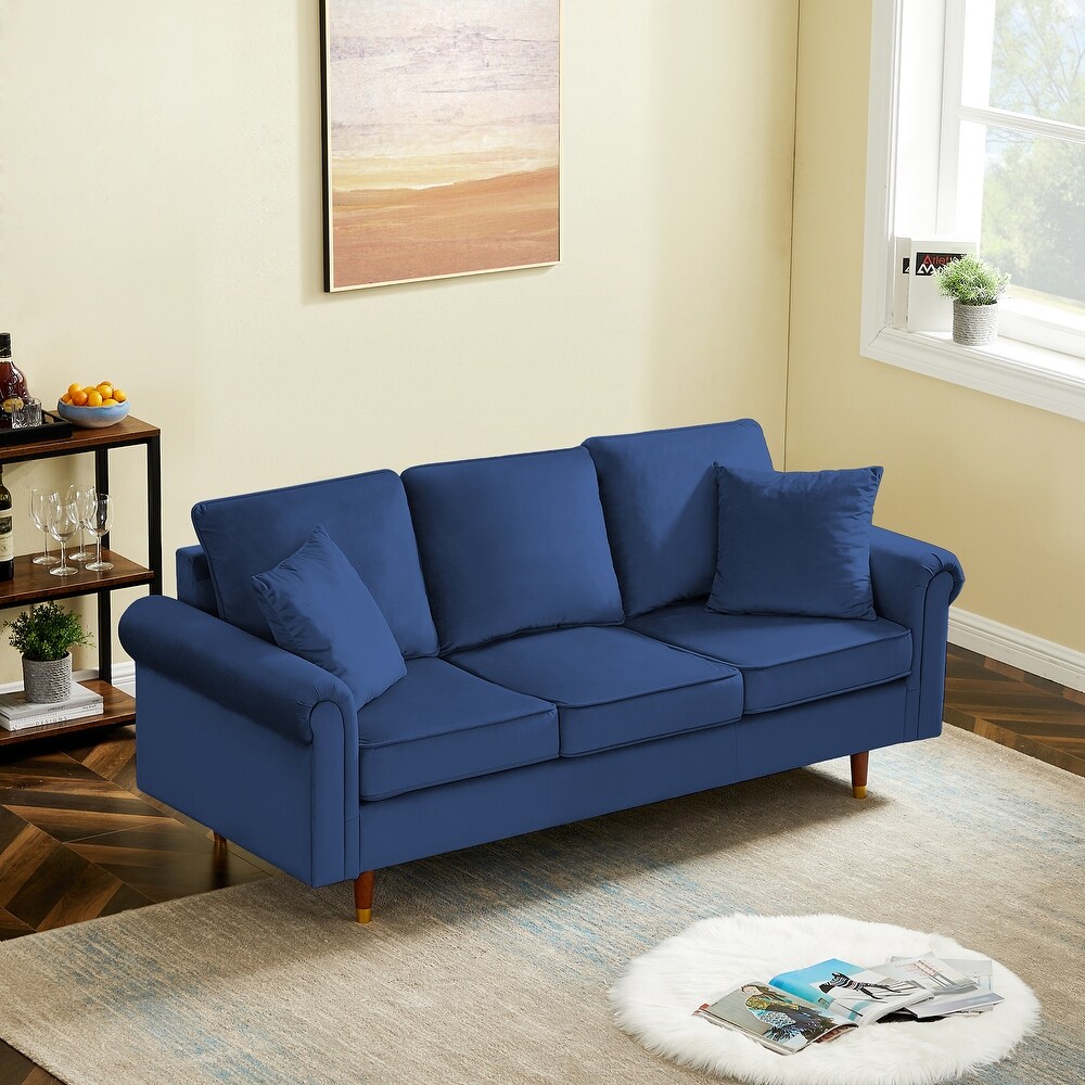 Velvet Sofa Couch with 2 Pillows  Modern 3 Seater Sofa With Wood Legs for Living Room and Bedroom .