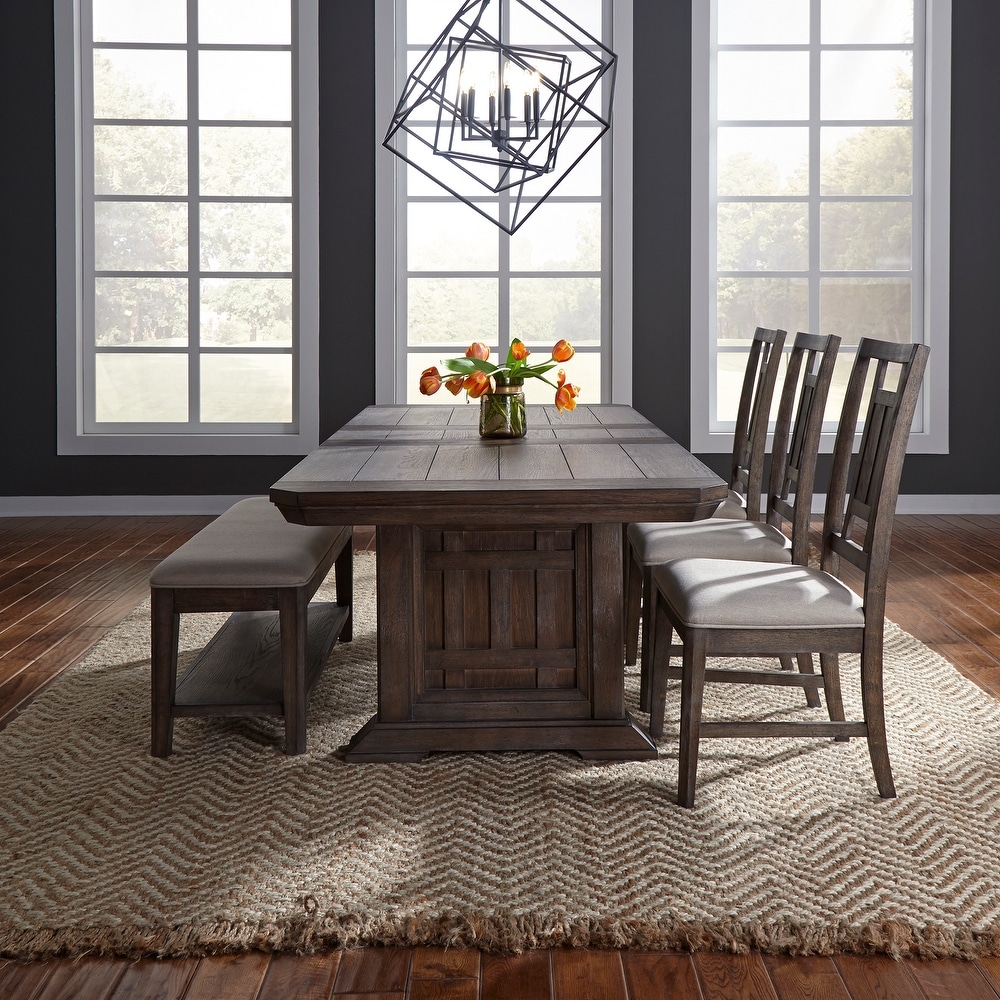 Copper Grove Artisan Prairie Wirebrushed Aged Oak Gray Dusty Wax Trestle Table