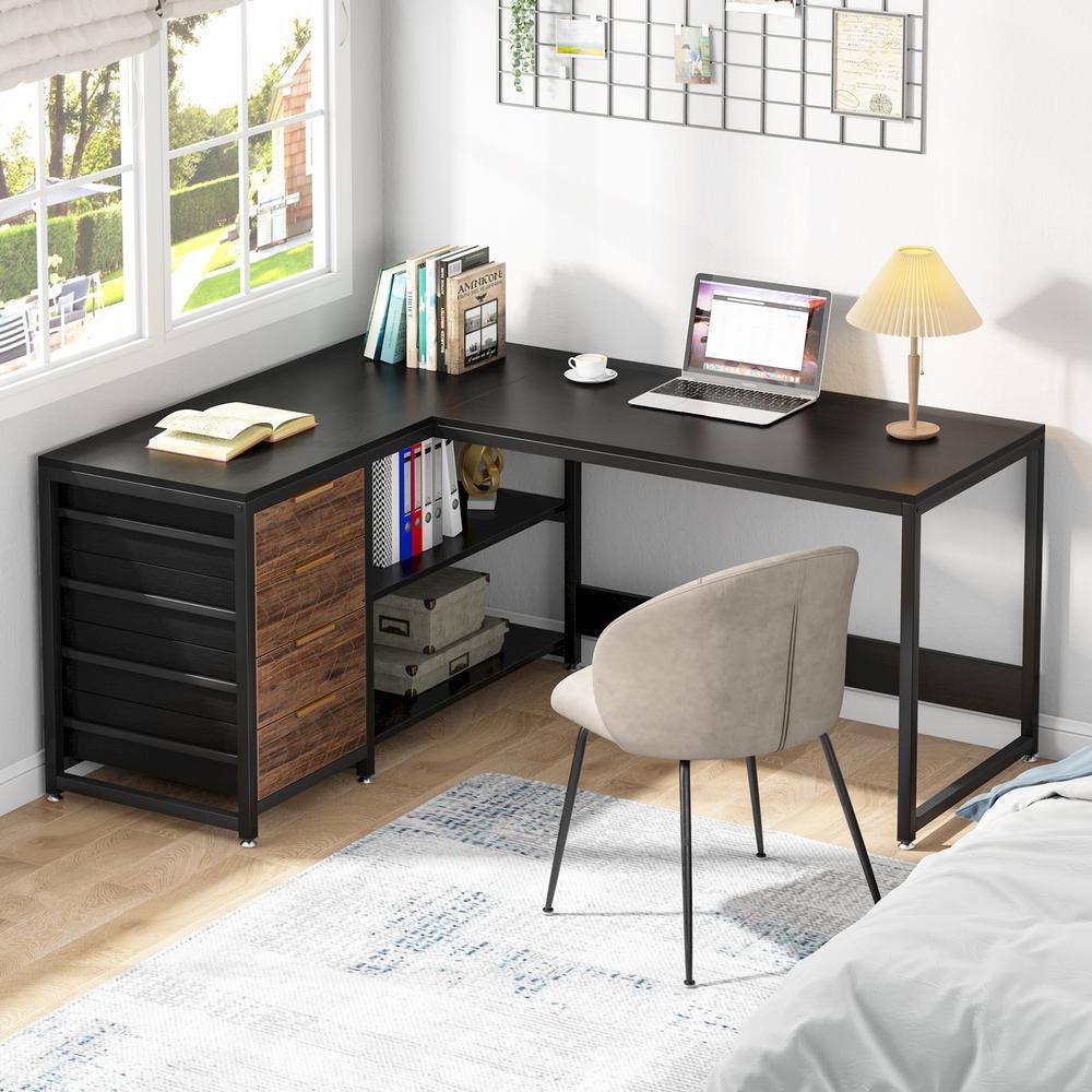 BYBLIGHT Lanita 59 in. L Shaped Black Particle Board 4 Drawer Computer Desk Reversible Corner Office Desk Sturdy Writing Table BB-XK00174XF