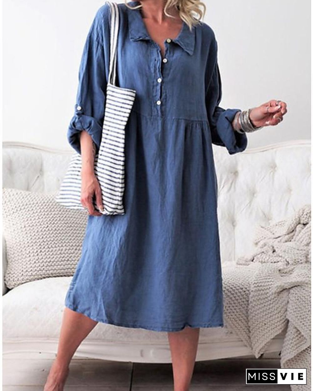 Women's Shirt Dress Midi Dress - Long Sleeve Solid Color Shirt Collar Hot Denim Blue Purple Army Green Orange Khaki S M L XL XXL Linen