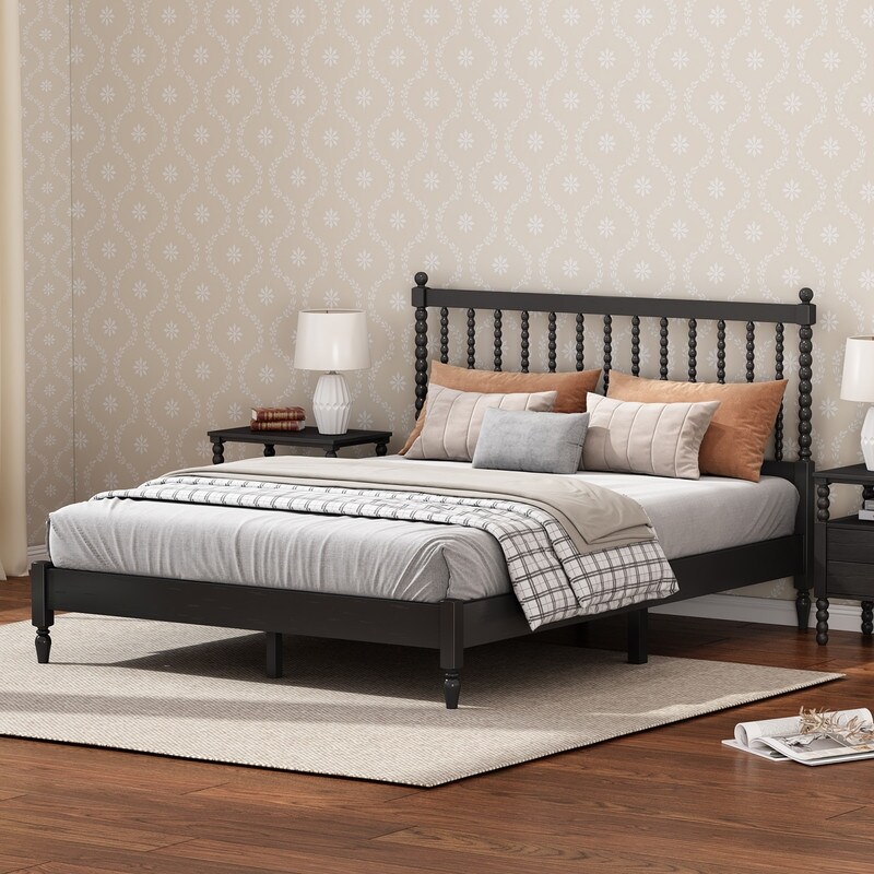 Classic 1/3 Pieces Bedroom Sets  Queen/King Size Wood Platform Bed with Gourd Shaped Headboard and Two 2 Drawer Nightstands