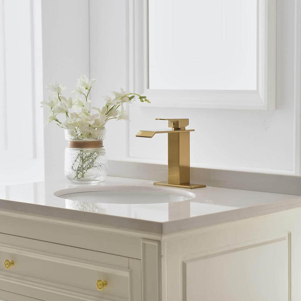 BWE Waterfall Single Hole SingleHandle LowArc Bathroom Faucet With Popup Drain Assembly in Brushed Gold