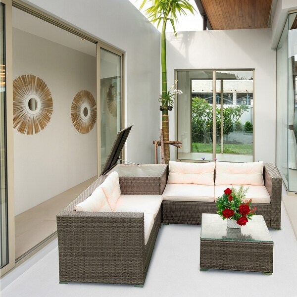 4 Piece Patio Sectional Wicker Rattan Outdoor Furniture Sofa Set with Storage Box