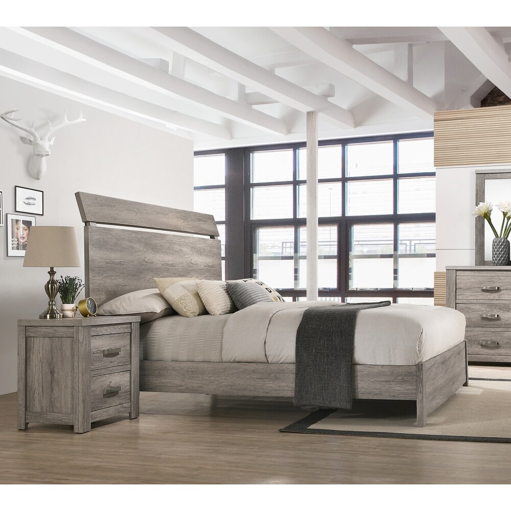 Roundhill Furniture Floren Contemporary Weathered Gray Wood 3 Piece Bedroom Set  Panel Bed with 2 Nightstands