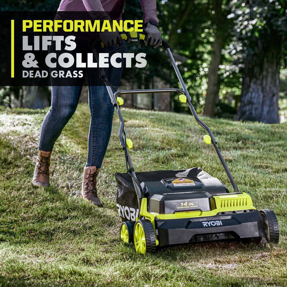 RYOBI ONE+ HP 18V Brushless 14 in. Cordless Battery DethatcherAerator with (2) 4.0 Ah Batteries and Charger P2740