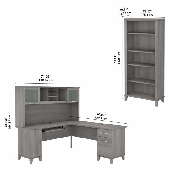 Bush Furniture Somerset 72W L Shaped Desk with Hutch and 5 Shelf Bookcase in Platinum Gray