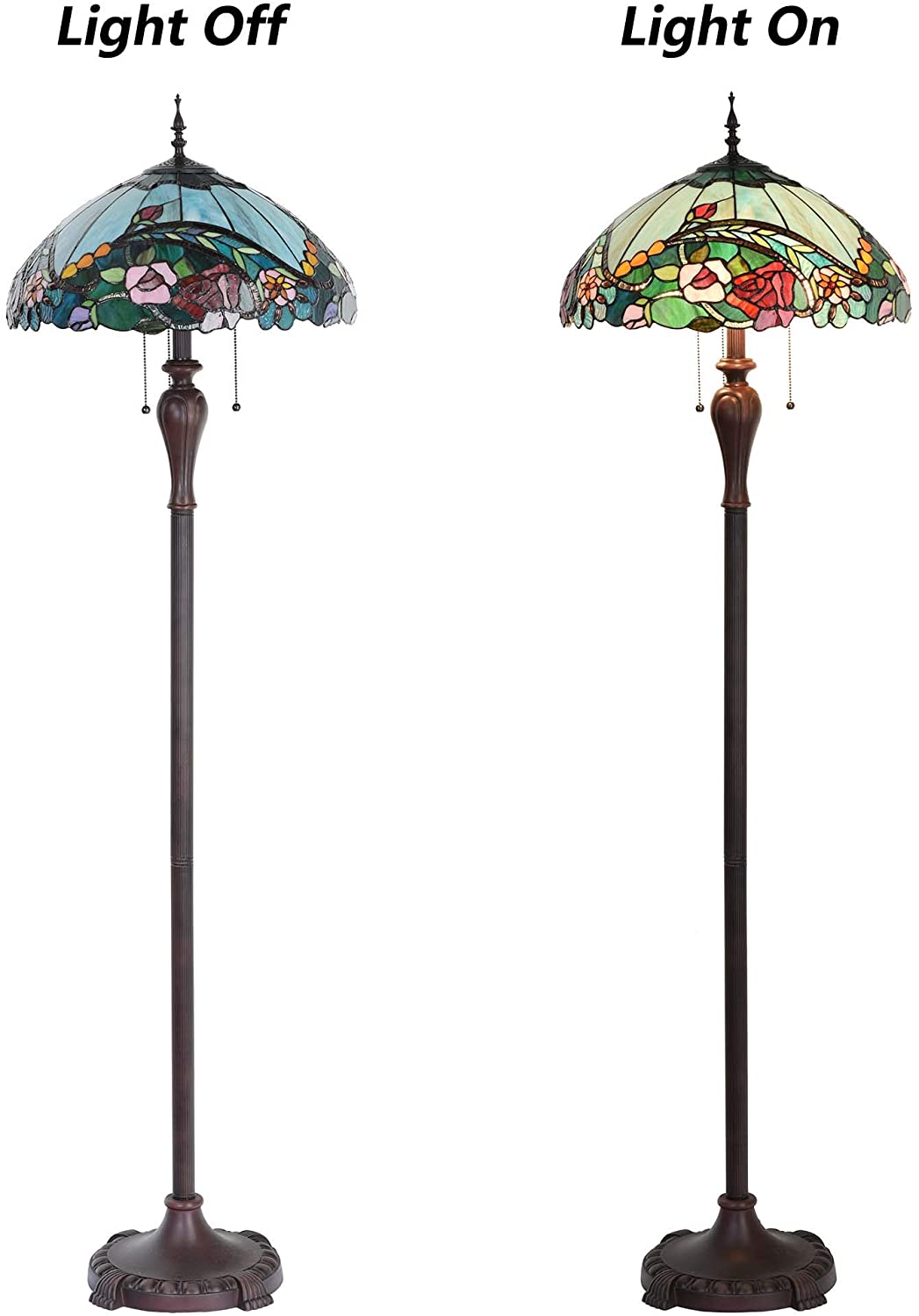 Bieye L10740 Rose Flower Tiffany Style Stained Glass Floor Lamp with 18-inch Wide Shade for Reading Working Bedroom, 3 Lights, 65 inch Tall