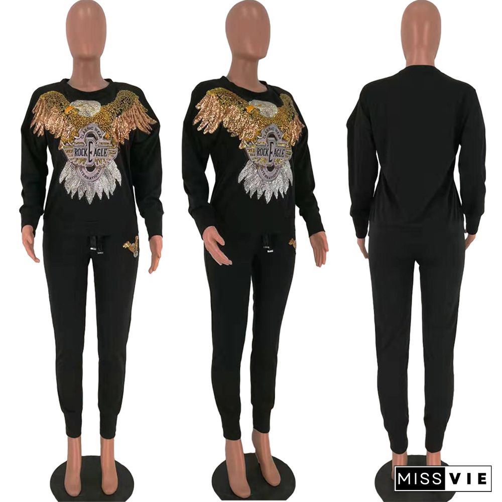 Animal Picture Sequin Mosaic Sweatshirt Pants Two-piece Set