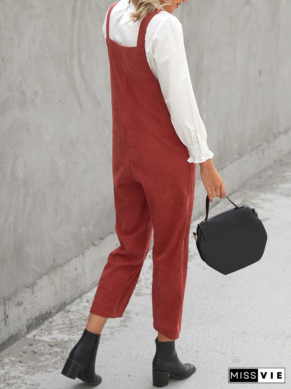 Corduroy Solid Color Pocket Casual Jumpsuit for Women