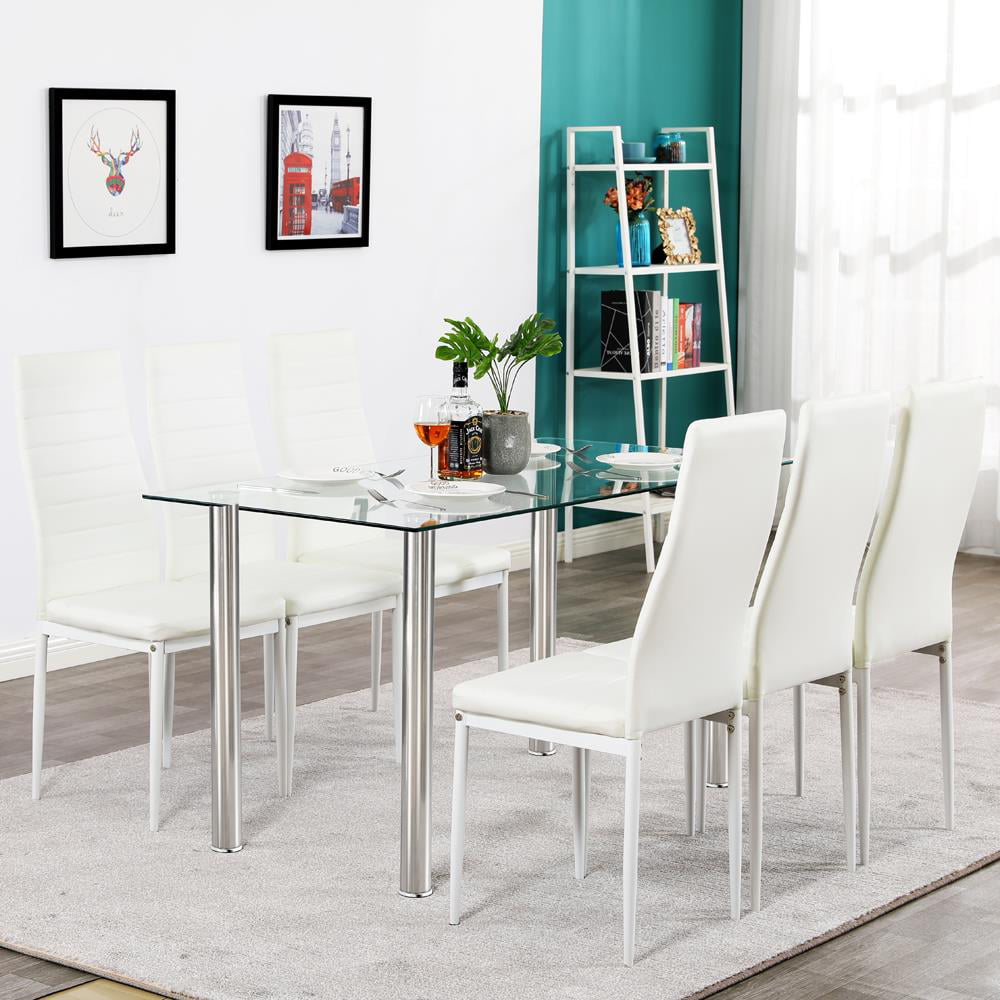 Ktaxon Home 7 Piece Dining Set Glass Metal Table and 6 Chairs Kitchen Room Furniture,White