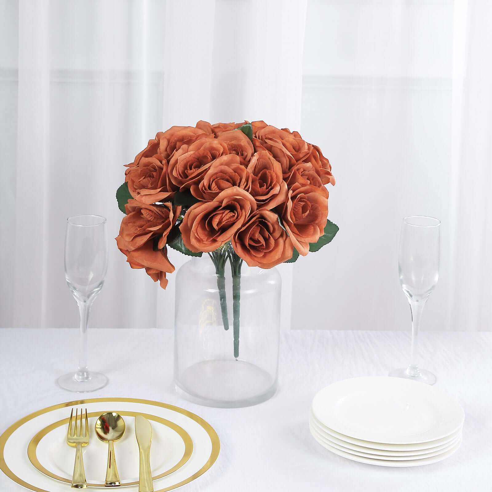 Terracotta (Rust) Artificial Velvet-Like Fabric Rose Flower Bouquet Bush 12