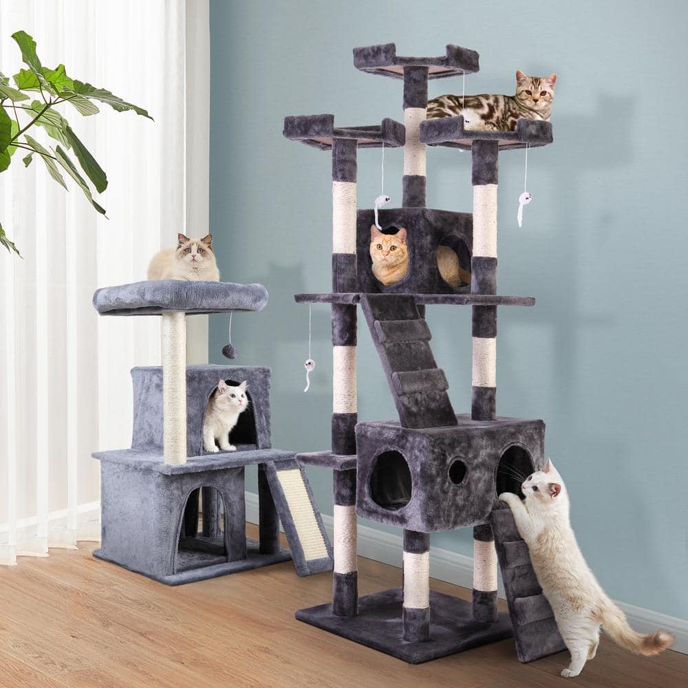 COZIWOW 67 in. and 34 in. H Multi-Level Cat Tree with Kitten Activity Center Plush Perch CW12W5225MS