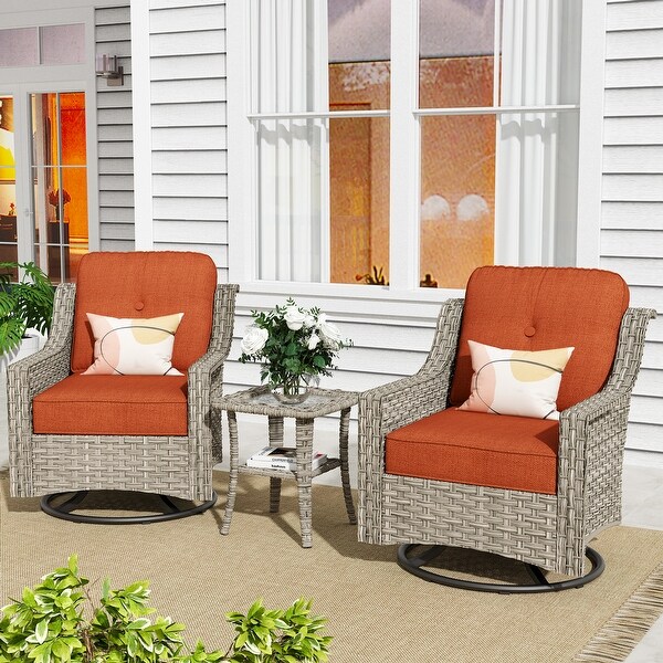 XIZZI 3Piece Swivel Rocking Chair Rattan Wicker Outdoor Patio Furniture Bistro Set