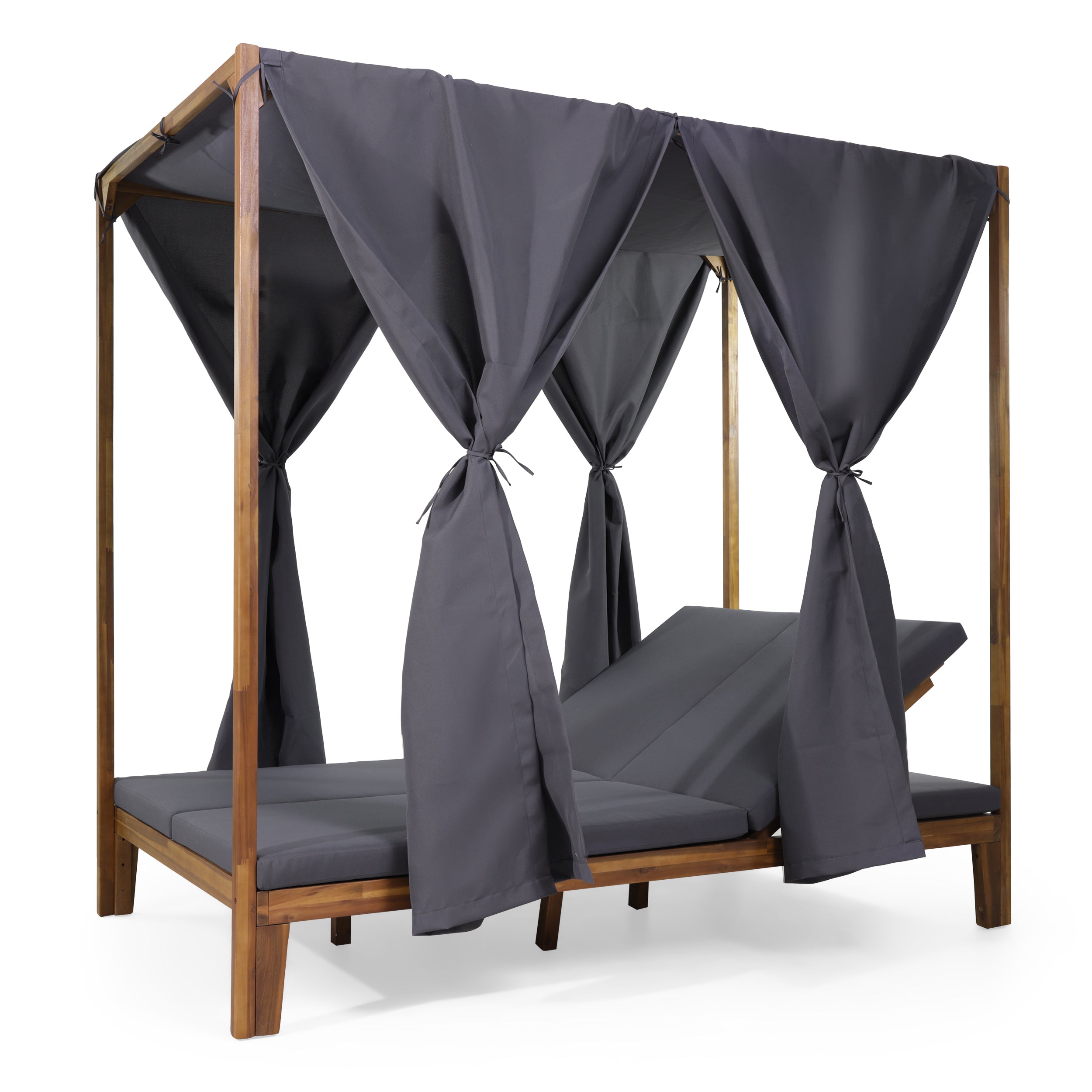 Leaverton Outdoor 2 Seater Adjustable Acacia Wood Daybed with Curtains