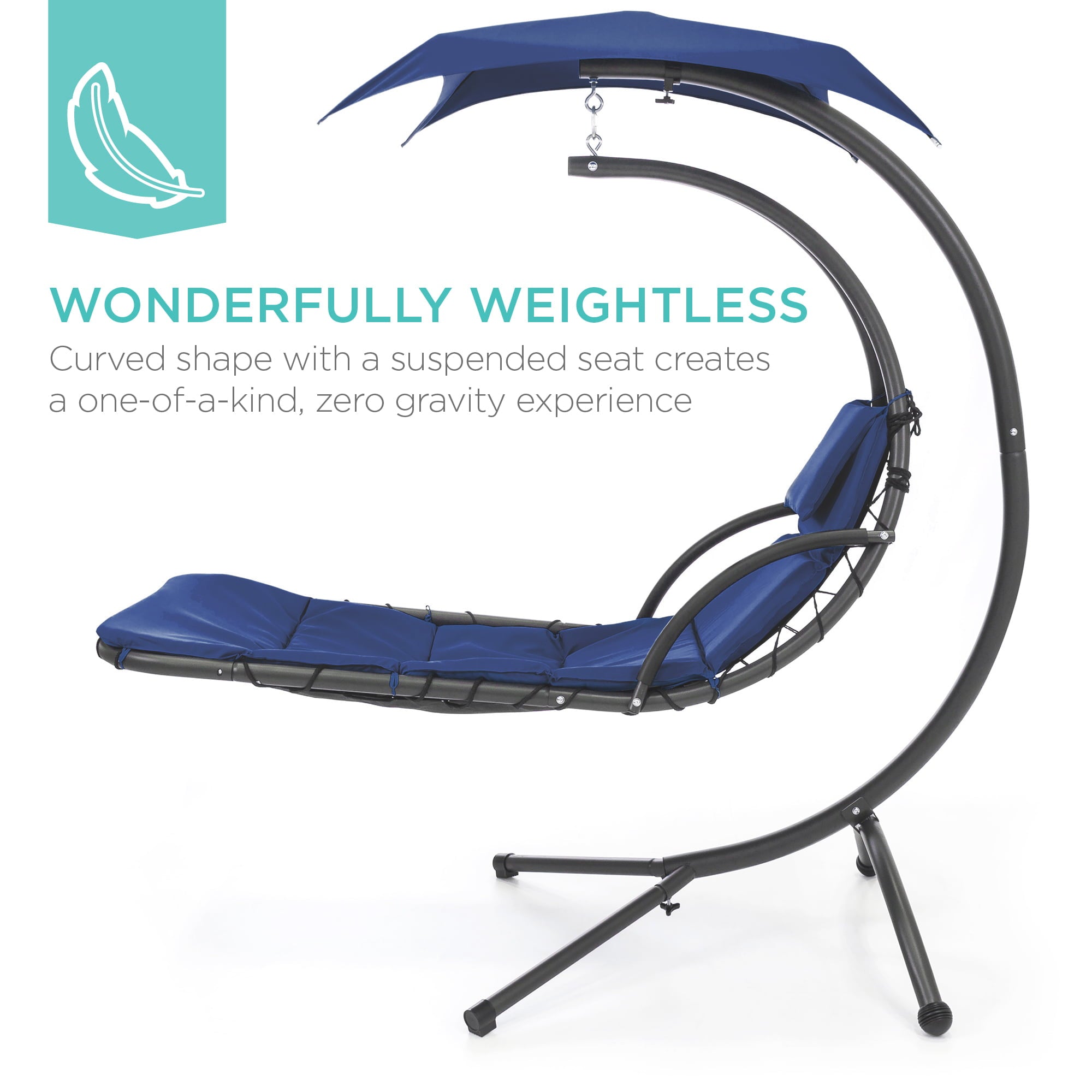 Best Choice Products Hanging Curved Chaise Lounge Chair Swing for Backyard, Patio w/ Pillow, Shade, Stand - Navy Blue