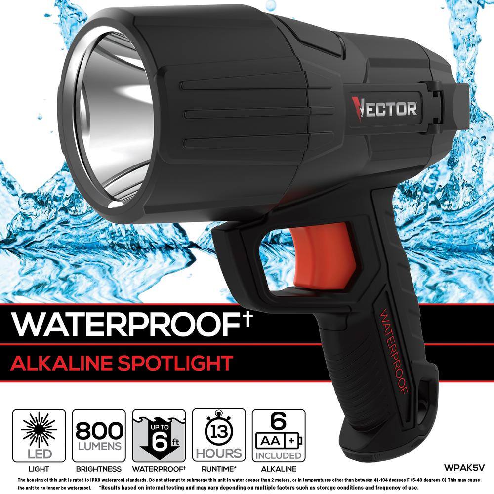 VECTOR 800 Lumen Waterproof LED Handheld Spotlight 6 AA Batteries Included WPAK5V