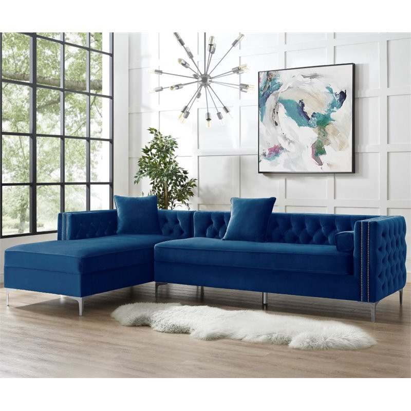 Posh Living Levi 115 quotVelvet Secitional Sofa with Left Facing Chaise in Blue   Contemporary   Sectional Sofas   by Homesquare  Houzz