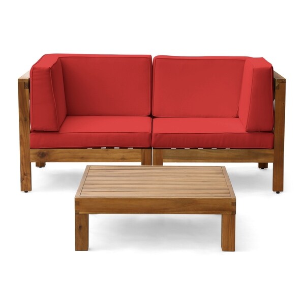 Oana Outdoor 2Seater Acacia Wood Sectional Loveseat and Coffee Table Set with Cushions by Christopher Knight Home