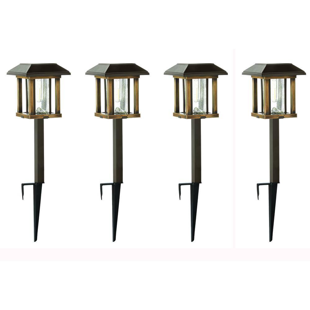 Hampton Bay Taylor 20 Lumens Solar 2-Tone Bronze and Wood LED Landscape Pathway Light Set with Vintage Bulb (4-Pack) SPP910803PK4