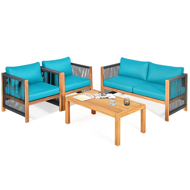 Tangkula Outdoor Patio Wood Conversation Furniture Set Padded Chair With Coffee Table Red turquoise